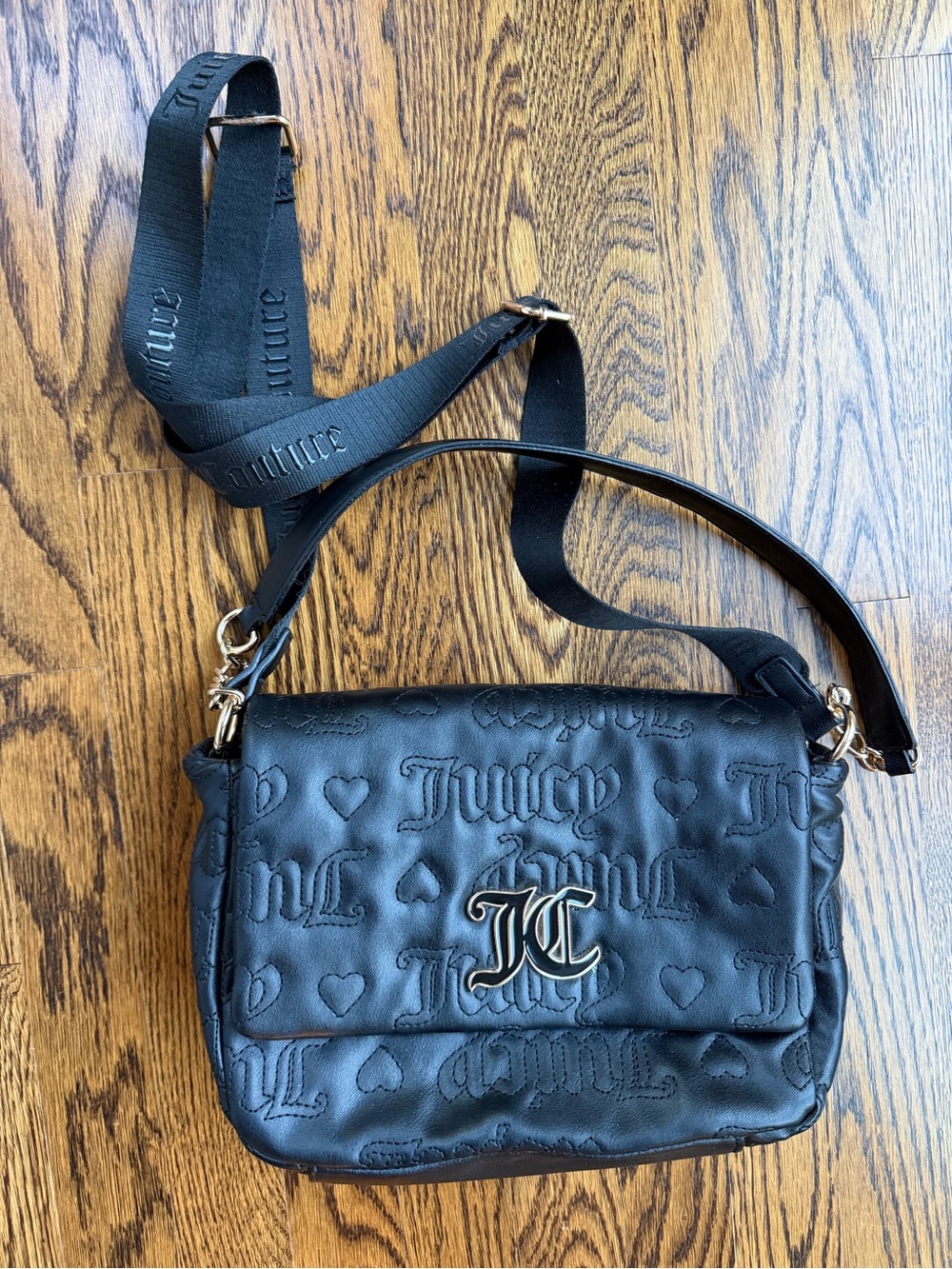Juicy Couture Y2K Black Flap Embossed Crossbody Shoulder Bag